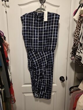 Calvin Klein Navy and White Grid Midi Dress